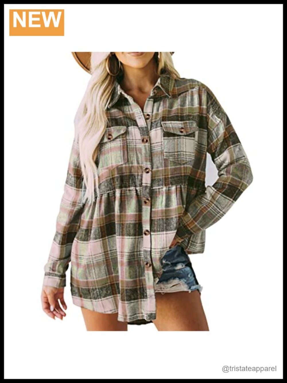 Women's Plaid Oversized Flannel Shirt Long Sleeve Button Down Peplum Babydoll